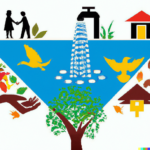 Create an artwork that conveys the message of environmental conservation's profound impact. Depict scenes of people engaging in sustainable practices