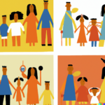 The picture of collage of diverse family units, showcasing various forms of modern families. There could be a single parent with their child, a blende